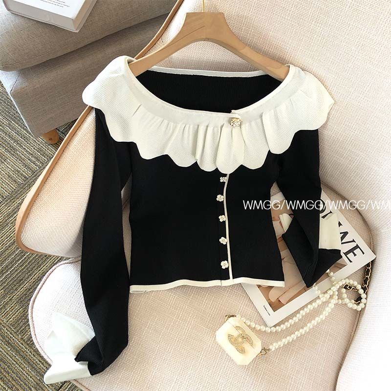Áo Khoác cardigan Dệt Kim Tay Dài Cổ Lá Sen Màu Đen Thời Trang Xuân Thu Cho Nữ