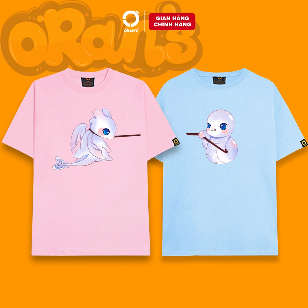 Áo gia đình in hình con rắn kéo con rồng trắng 07 tay lỡ Oversize chất COTTON 4C, FULLBOX ORANS COUPLE TEE - ORAN'S