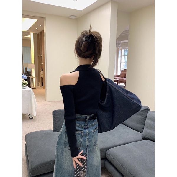 Áo ZHELIHANGFEI dệt kim tay dài hở vai gợi cảm xinh xắn