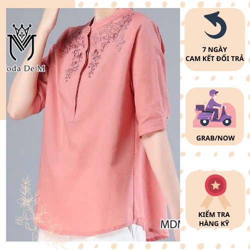 Áo trung niên nữ sơ mi linen thêu hoa sang trọng tặng mẹ, đủ size M - 3XL - MODA 022