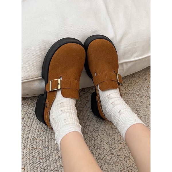 Giày sục lười da lộn có quai sau đế cao lót lông ấm áp Yannie Lolita