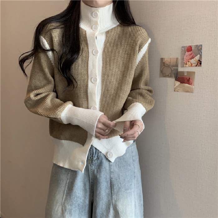 Áo Khoác Cardigan Dệt Kim Dáng Rộng Cổ Cao Màu Sắc Tương Phản Phong Cách Hàn Quốc