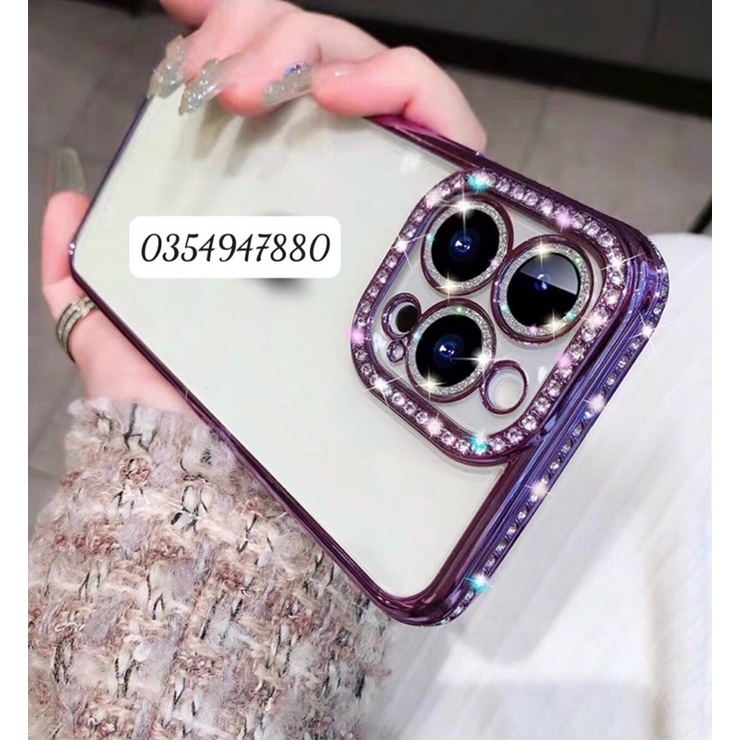 Ốp lưng Meruyi viền màu đính đá camera gắn nhũ cho iPhone 14 Pro Max, 14 Pro, 14 Plus, 13 Pro max lưng trong suốt