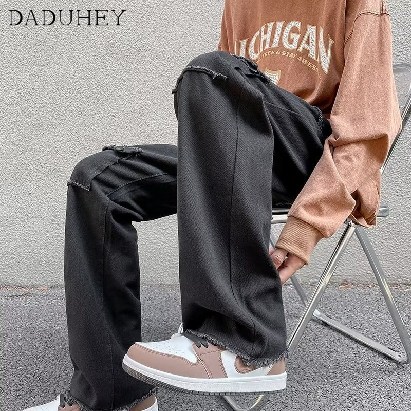 DaDuHey Men's 2022 New Hong Kong Style Fashion Straight Jeans Hip Hop Ins Autumn Trendy High Street Fashionable Handsome Casual Pants