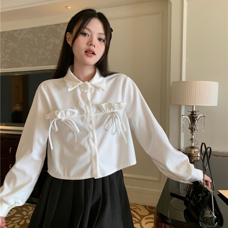 IELGY Áo Sơ Mi Nữ Tay Dài Dáng Rộng Cài Một Hàng Khuy Phối Nơ Kiểu Hàn Quốc Thời Trang