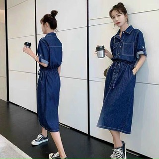 Váy đầm jean sơ mi hàn quốc cao cấp loại 1 mẫu mới eo rút túi nắp