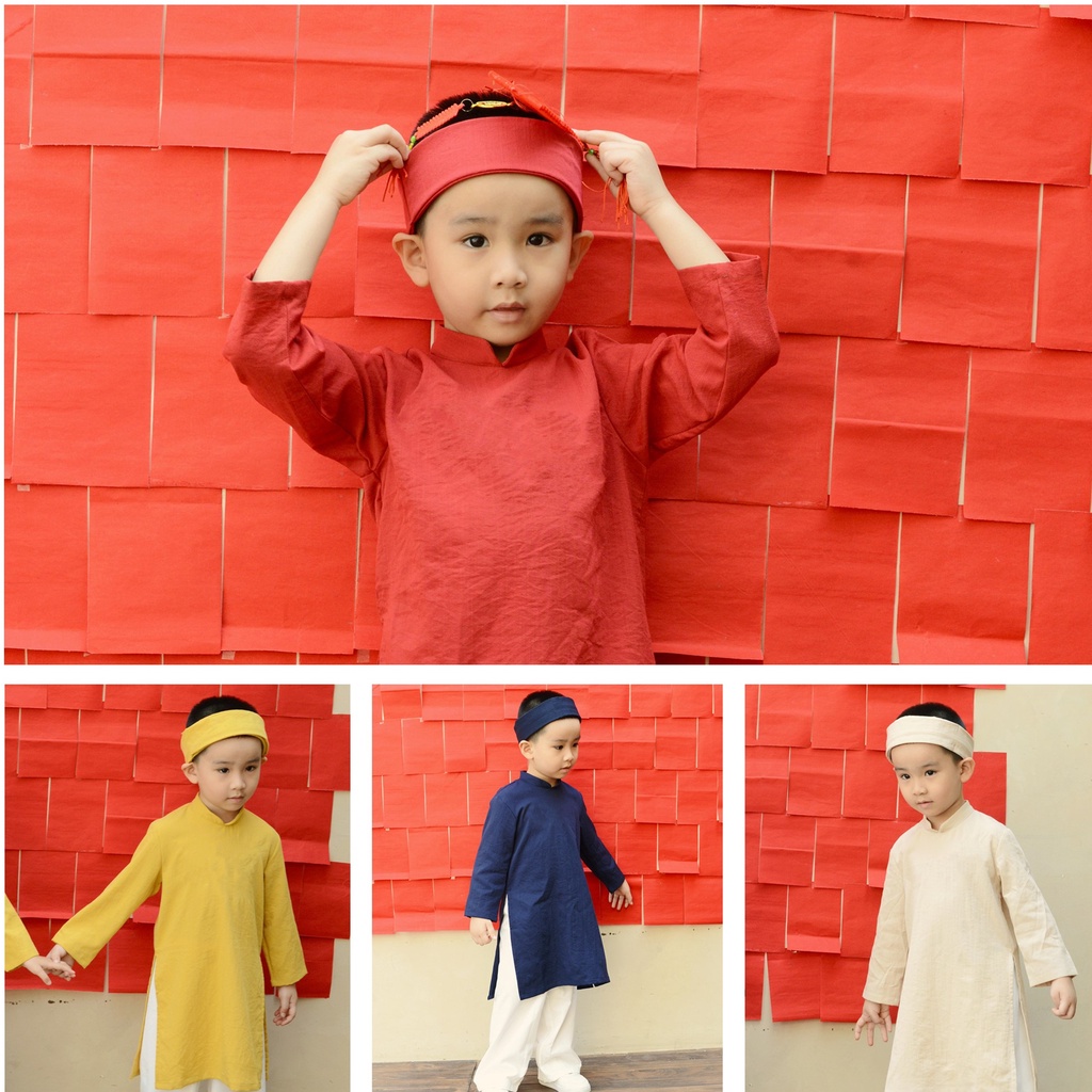 Set áo dài BÉ TRAI đũi basic quần trắng_kèm khăn đóng