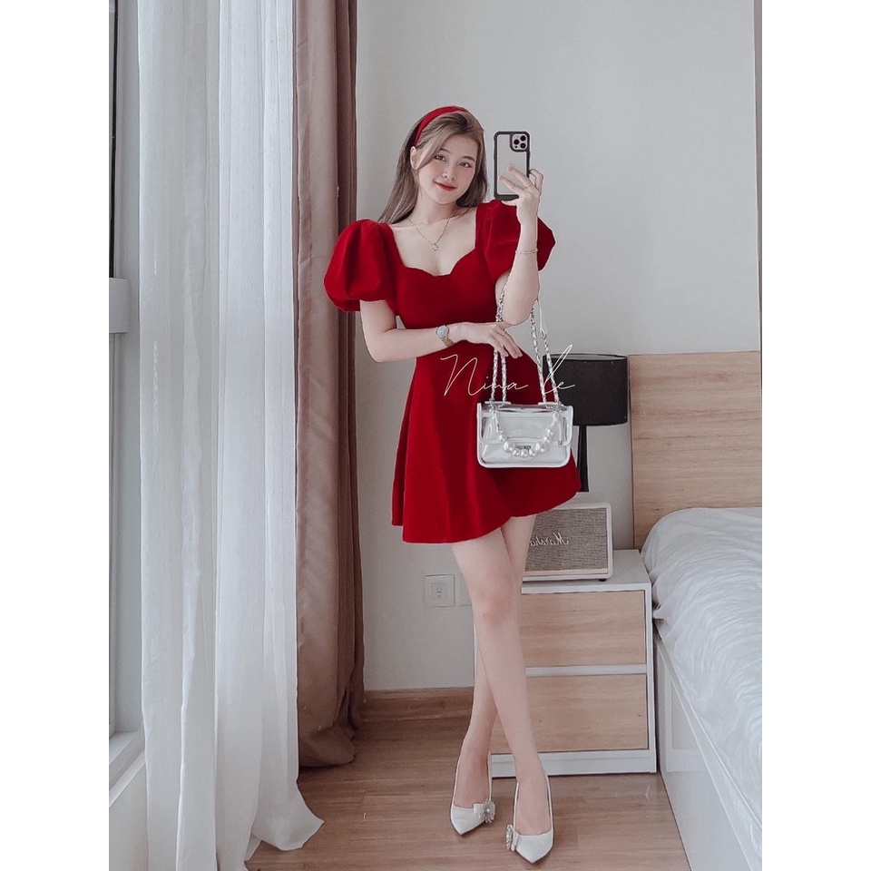 Đầm thiết kế chất umi màu đỏ nổi bật , tay ngắn phồng dáng mini xòe trẻ trung năng động mặc siêu tôn dáng