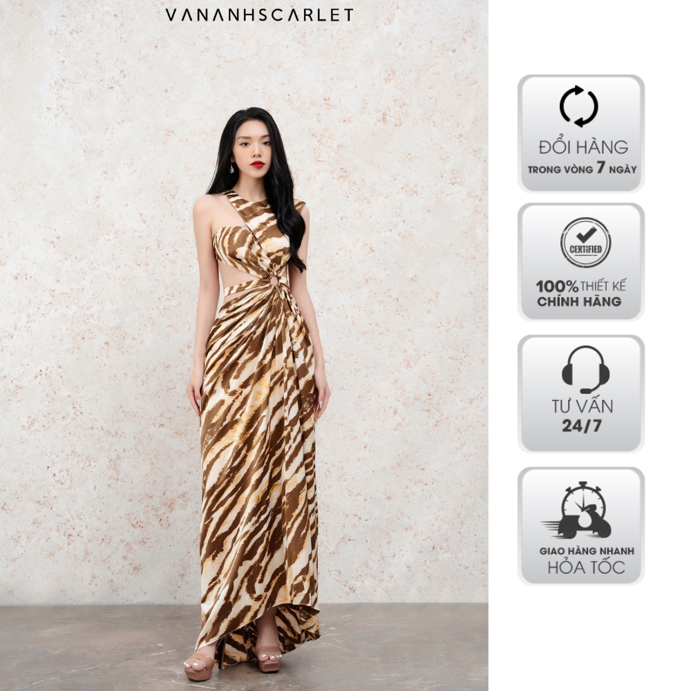 Đầm nữ dạ hội VANANHSCARLET lệch vai thắt khoen eo V084S22