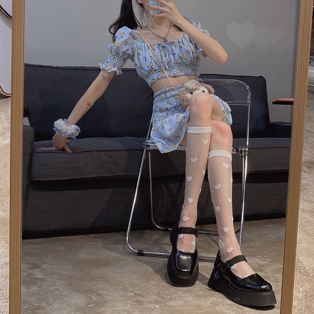 Tất Bắp Chân Vải Lụa Màu Đen In Hình Trái Tim Ngọt Ngào Phong Cách lolita Dễ Phối Đồ Thời Trang Xuân Thu Cho Nữ