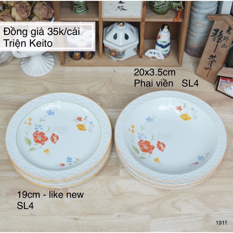 Đĩa Ăn Bằng Sứ Lòng Vẽ Hoa Màu Cam Hãng Keito - Gốm Sứ Nhật Bản