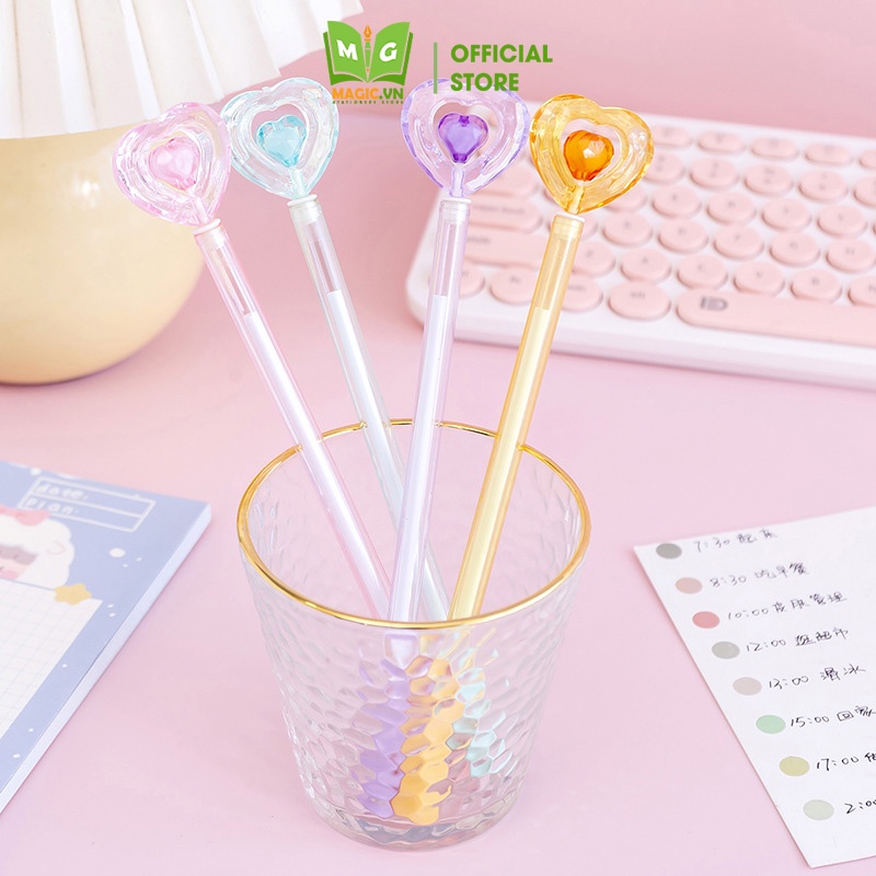 Bút Bi Nước Mực Gel Đen Cute Bấm MAGIC Ngòi Kim 0.38mm Trái Tim Pha Lê, Văn Phòng Phẩm, Đồ Dùng Học Tập Dễ Thương BM34