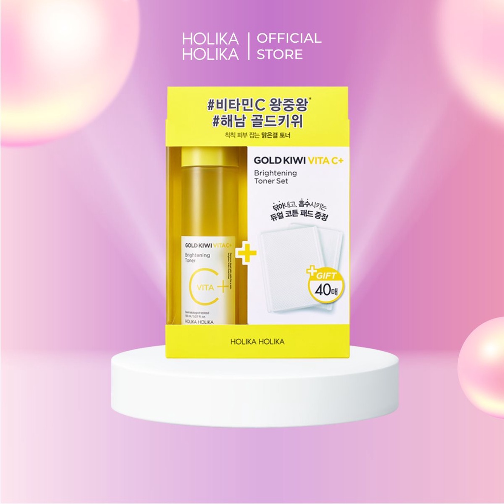 Nước hoa hồng làm trắng da kèm bông tẩy trang Holika Holika Gold Kiwi Vita C+ Brightening Toner Set 150ml - 7186