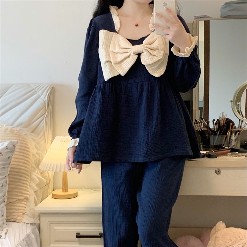 Đồ Ngủ Style Hàn Quốc Tiểu Thư XÔ MUSLIN Nơ Ulzzang