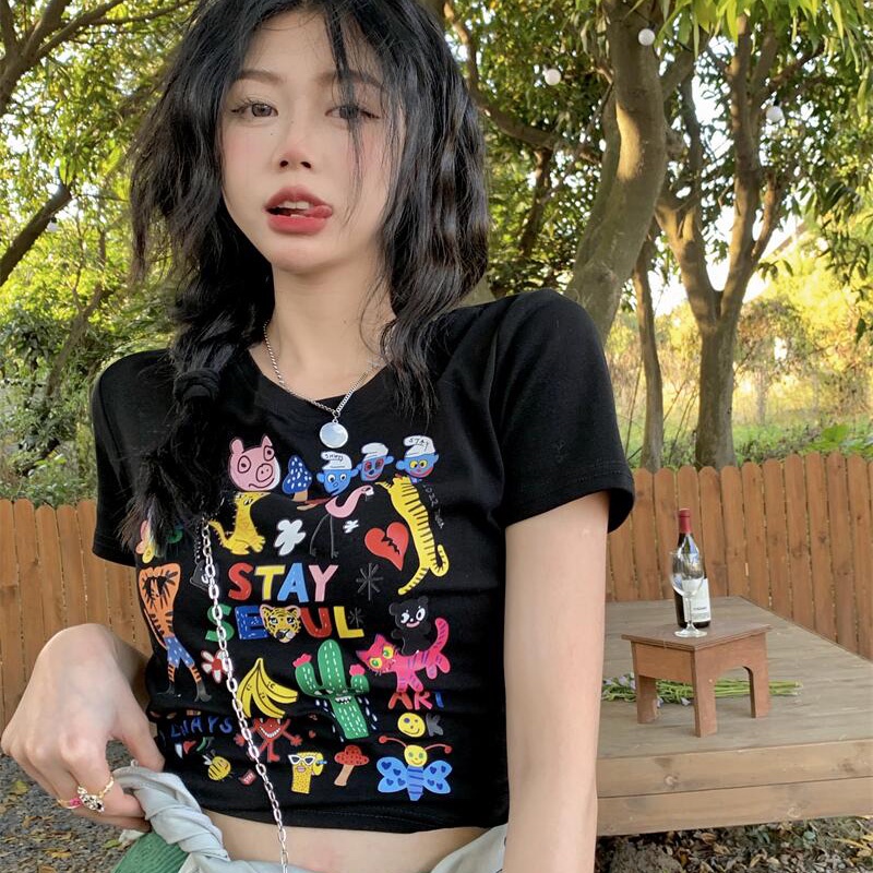 IELGYÁo Thun Tay Ngắn In Họa Tiết Hoạt Hình Phong Cách Đường Phố Cho Nữ