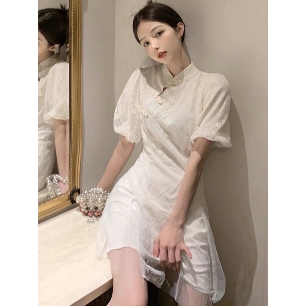 Váy trắng cổ tàu tay ngắn dáng xoè siêu xinh