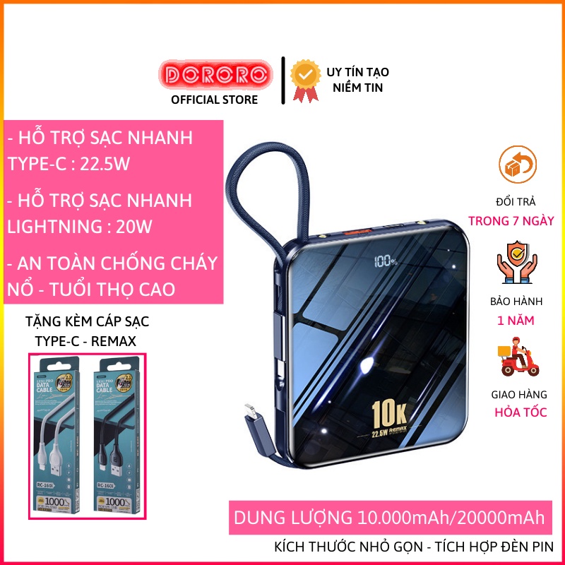 Sạc dự phòng 10000mah REMAX tích hợp cáp sạc nhanh IP 20W và cáp sạc nhanh Type C 22.5W - Tích hợp đèn pin