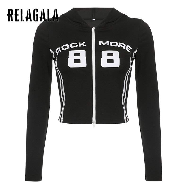 Relagala Áo Khoác Cardigan Có Nón Hai Đầu In Chữ Phối Khóa Kéo Thời Trang Cho Nữ