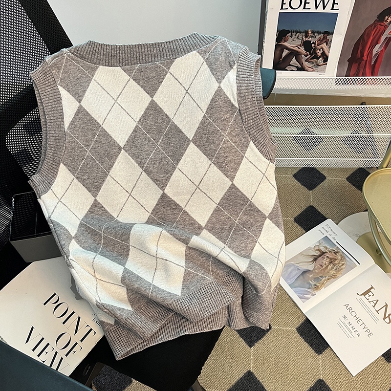 Áo Sweater Dệt Kim Cổ Chữ v Không Tay In Họa Tiết Kim Cương Thời Trang Mùa Thu Cho Nữ