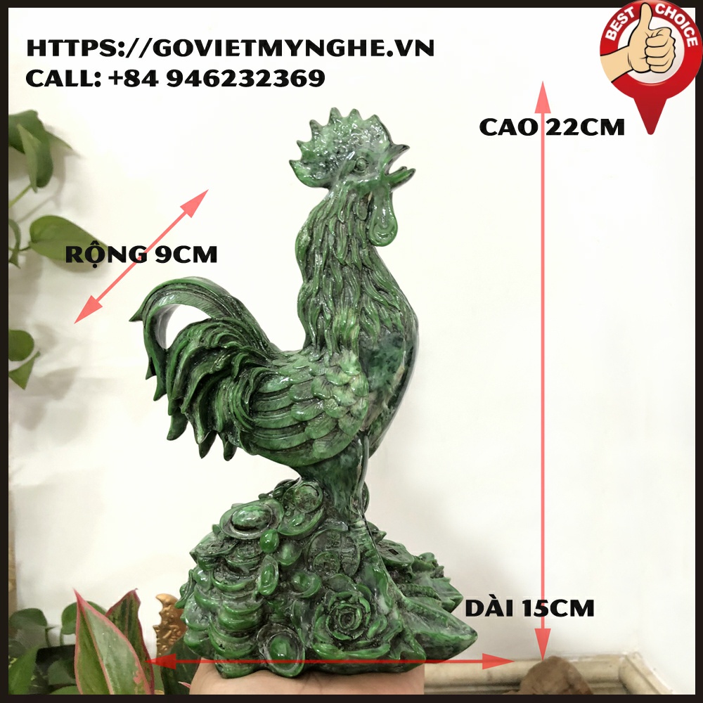 Tượng đá phong thủy tượng con gà trống trang trí phong thủy để bàn làm việc - Cao 22cm - Màu xanh lục bích