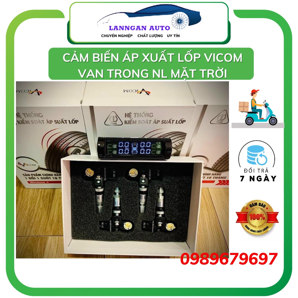 Cảm Biến Áp Xuất lốp Vicom TPMS van trong, Màn hiển thị LCD năng lượng mặt trời, Bảo Hành 18 tháng