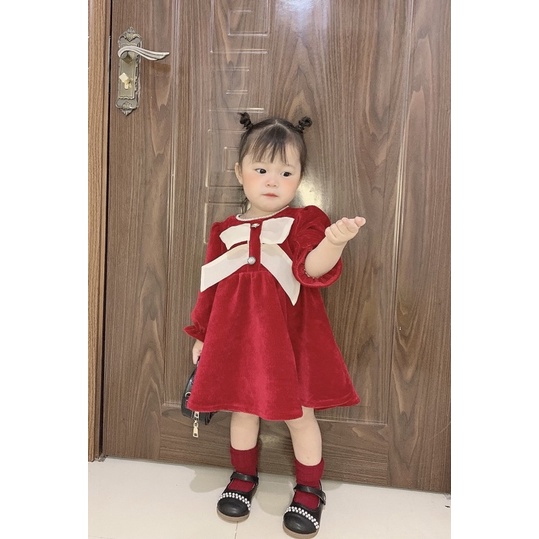 Váy Nhung Đỏ Nơ Hàng Thiết Kế Cho Bé Gái