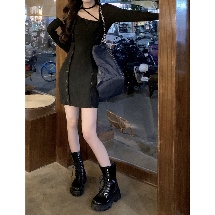 Đầm ZHELIHANGFEI dệt kim dài tay cổ yếm lưng cao phong cách quyến rũ dành cho nữ