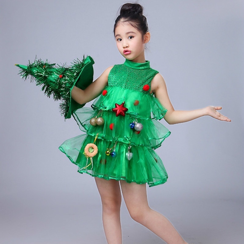 Bộ Trang Phục Hóa Trang Cây Thông Giáng Sinh Gồm Áo Lưới + Nón Phát Sáng Cho Bé