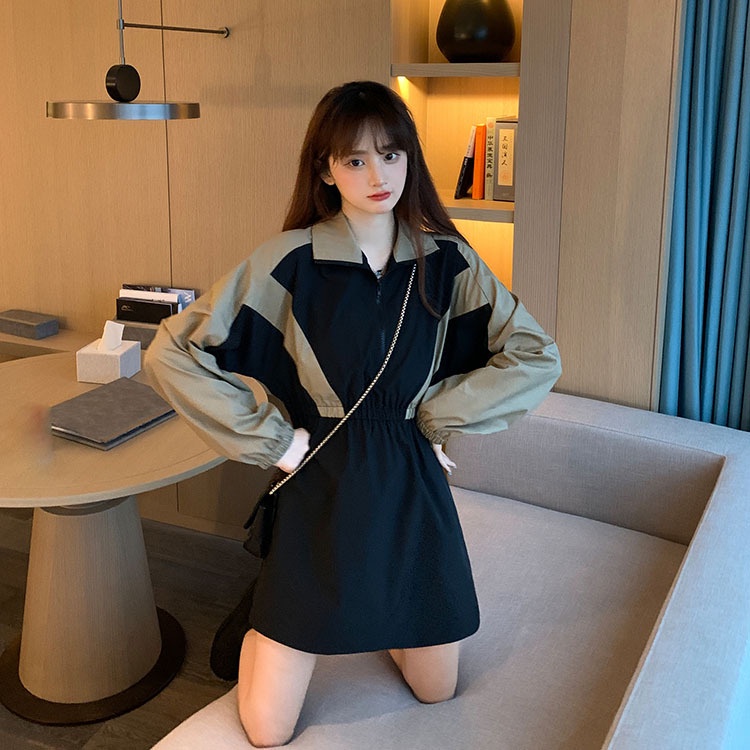 Đầm Dài Tay Màu Sắc Tương Phản Phong Cách Hàn Quốc Dành Cho Nữ