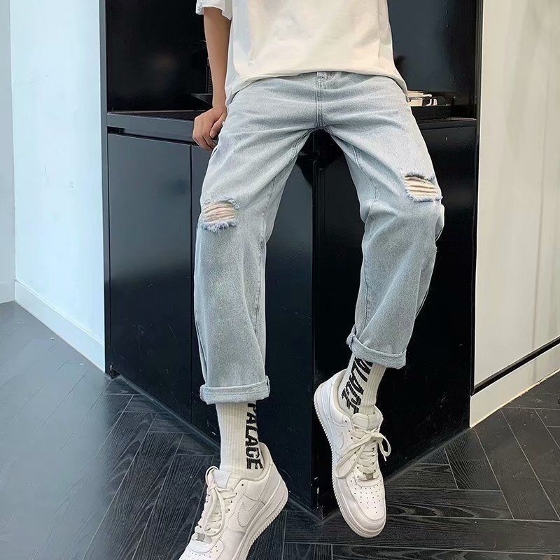 Quần Jean Ống Rộng Phối Rách blueseluar jin lelaki budakSpring Và Dây Nịt Dáng Suông Dễ Phối Đồ Thời Trang Mùa Hè Cho Nam Sinh