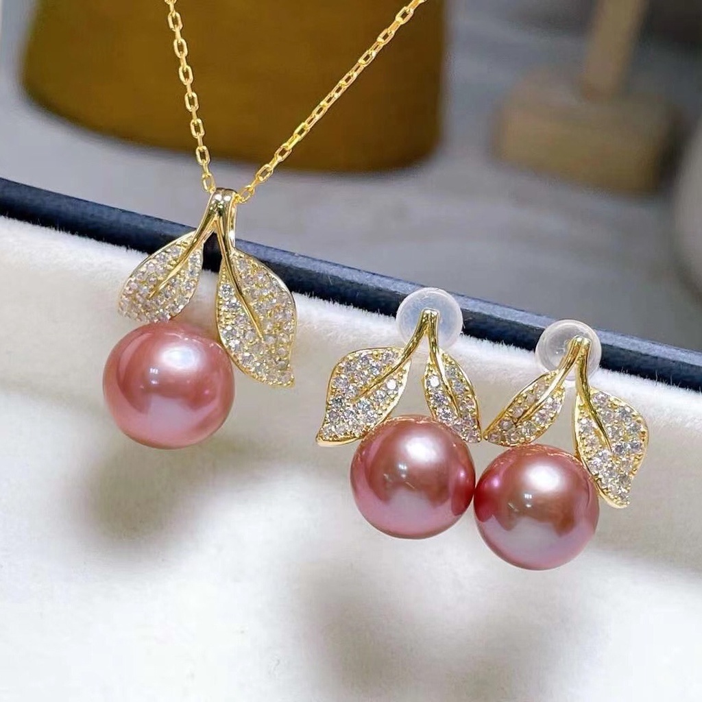 Bộ Bông Tai Mạ Vàng 18K Hình Chiếc Lá S925 Đính Ngọc Trai Giả