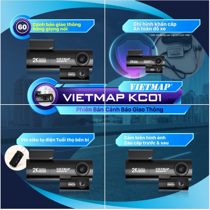 Camera hành trình Vietmap KC01 - Cảnh báo giao thông bằng giọng nói ghi hình trước sau  - Hàng chính hãng