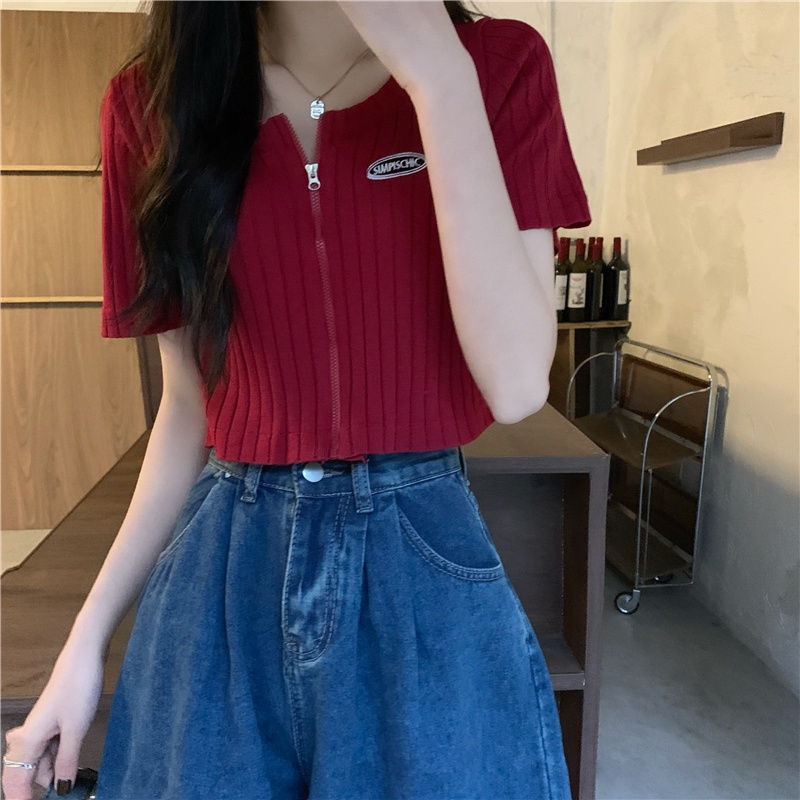 IELGYÁo Thun Dệt Kim Tay Ngắn Eo Cao Phong Cách hong kong Cổ Điển Thời Trang Cho Nữ