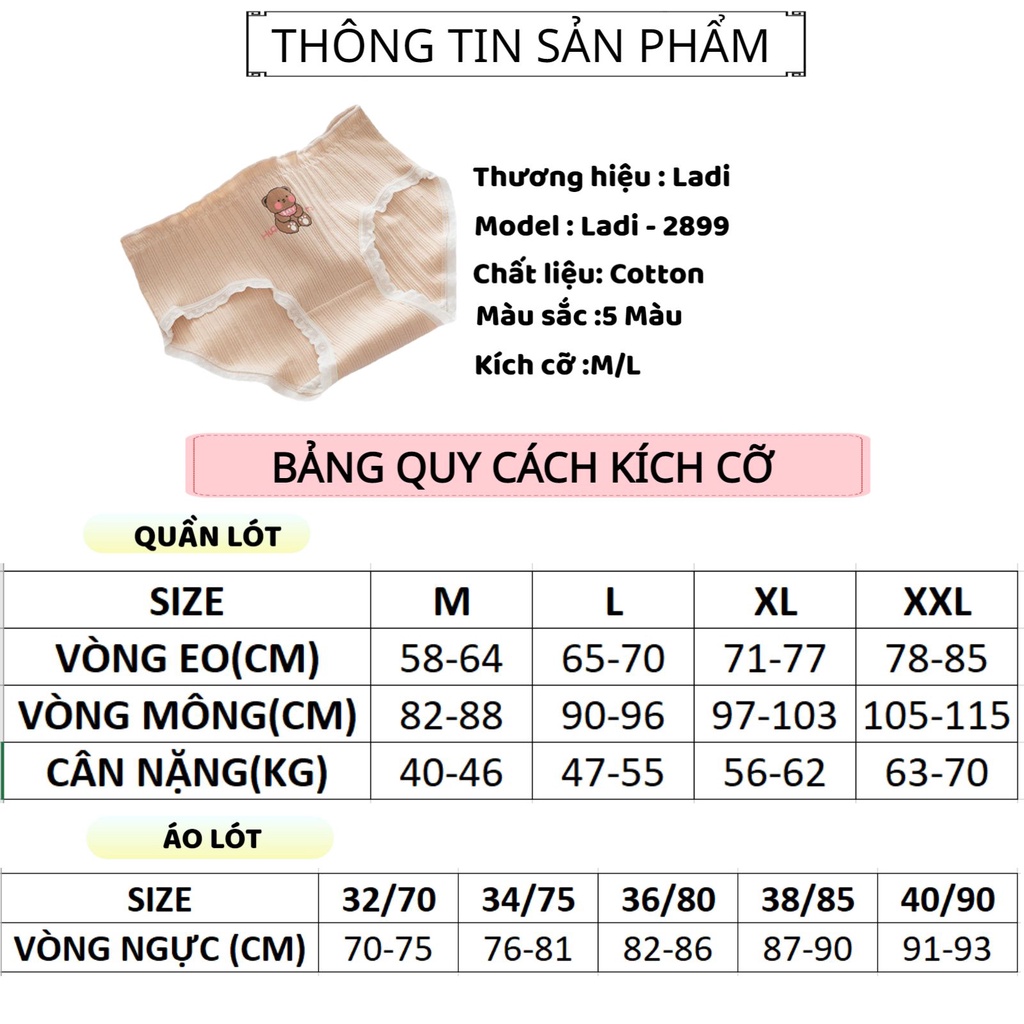 Quần Lót Nữ LADI Cao Cấp Thiết Kế Cotton Gân Tăm Thêu Gấu Dễ Thương Thoáng Mát MÃ 2899