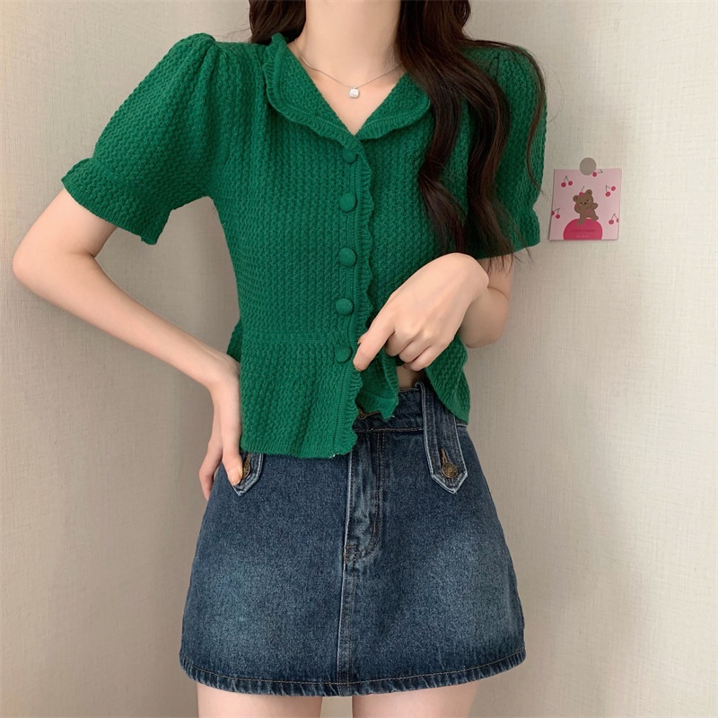 Áo len nữ cộc tay - len dệt kim co giãn nhẹ freesize dưới 50kg dáng babydoll cài cúc 3 màu xinh