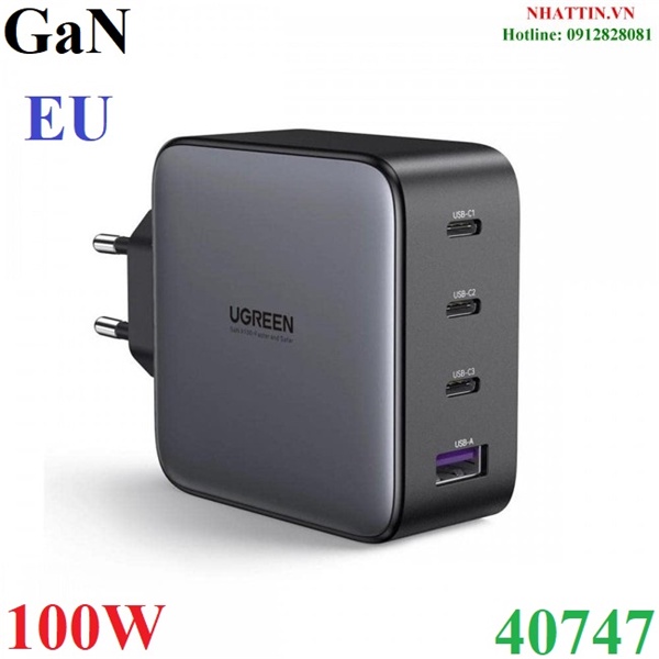 Củ sạc nhanh 100W GaN Nexode 4 cổng, 3 USB Type-C và 1 USB Type-A Hỗ trợ QC4+, PD3.0 Ugreen 40747 (EU)