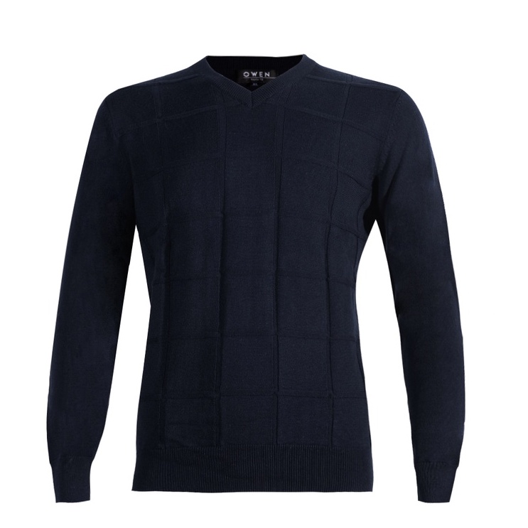 Áo len owen màu xanh navy caro chìm cổ tim ALD220754