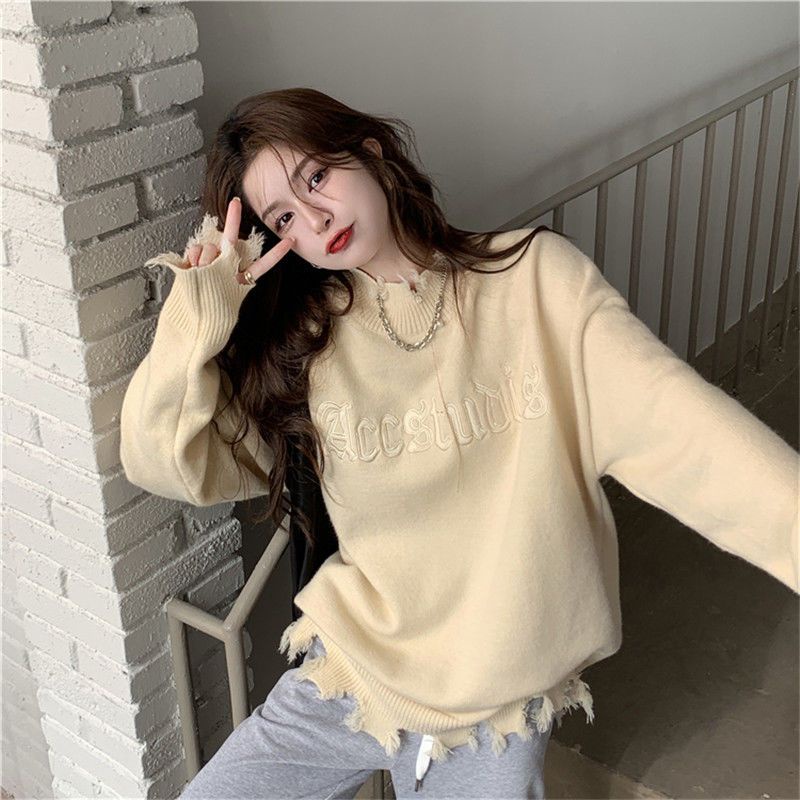 Jiashucheng Áo Sweater Cổ Lọ Dáng Rộng Thiết Kế Rách Phong Cách Mới Ngọt Ngào Cho Nữ