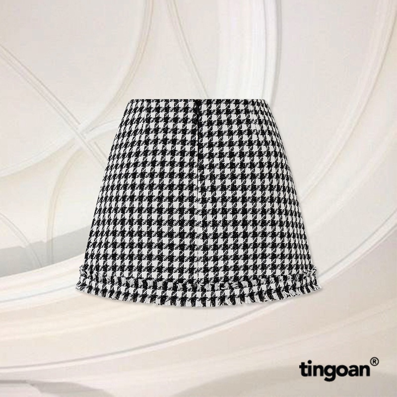 TINGOAN® - Chân váy tweed caro cạp thấp viền tua rua TWICE SHY SKIRT/CR