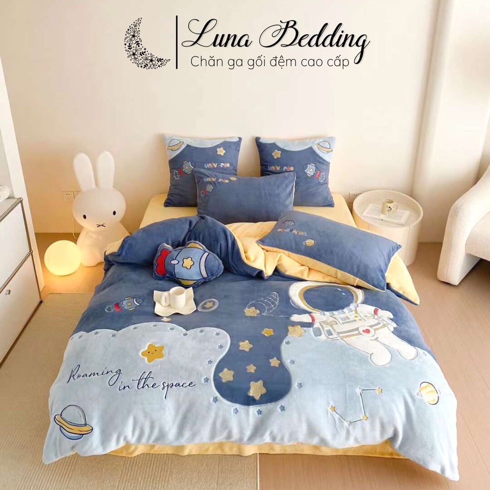 Bộ Chăn Ga Gối Nỉ Nhung Sữa Phi Hành Gia Space Man Luna Bedding