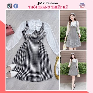 V179 Váy dạ kẻ đen trắng dáng A [FREESHIP] váy dạ cổ nơ dài tay tiểu thư - TH Hà Thanh