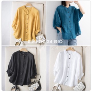 Áo sơ mi nữ bigsize cổ tròn tay lỡ Siêu thị 24 giờ chất liệu đũi tơ mềm nhẹ mát form rộng thoải mái SMH.34