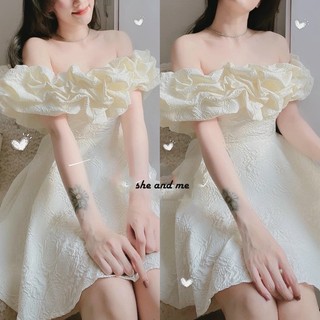 Đầm gấm hoa trễ vai xếp ly bèo có mút siêu xinh