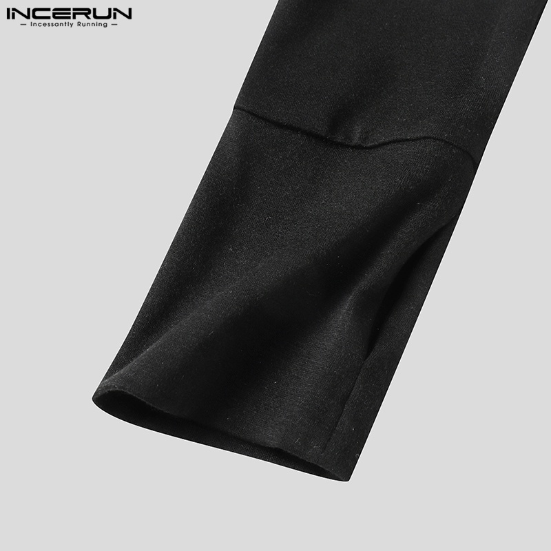 Áo thun nam INCERUN tay dài cổ cao phối da giả cá tính thời trang