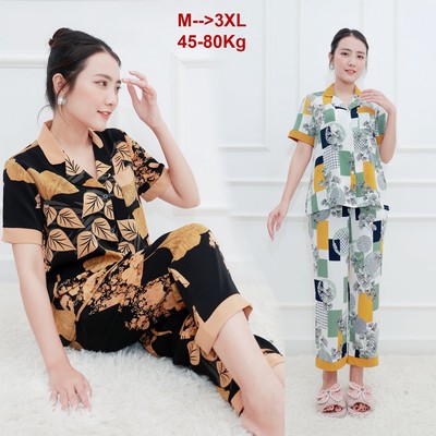 GOTI - Đồ Bộ Pijama Trung Niên Nữ Sang Trọng Chất Lụa Cao Cấp Tay Có Túi Quần Ống Đứng Lững Tặng Mẹ 3357 3358