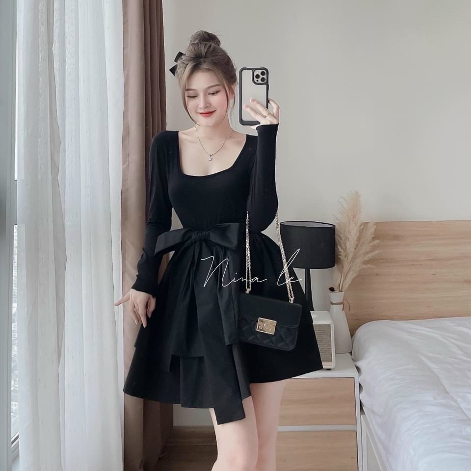 Set váy nữ EVANIA set váy tiểu thư dáng xòe thiết kế có nơ thắt eo sang chảnh, váy dự tiệc màu Đen MÃ B250