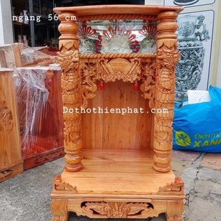 Bàn thờ thần tài ông địa 56x81 gỗ xoan quỳ trụ điện tử