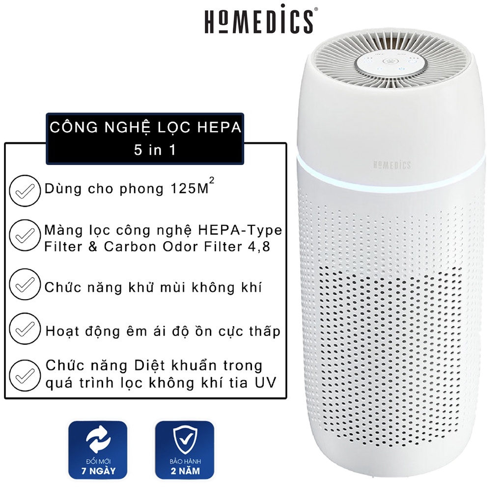 Máy lọc không khí khử mùi và lông động vật Homedics AP-PET35-WT của Nhà HT Beauty, màng lọc Hepa loại bỏ 99% vi khuẩn