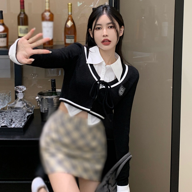 Áo Cardigan Dệt Kim Tay Dài Cổ Tròn Màu Sắc Tương Phản Thời Trang Cho Nữ