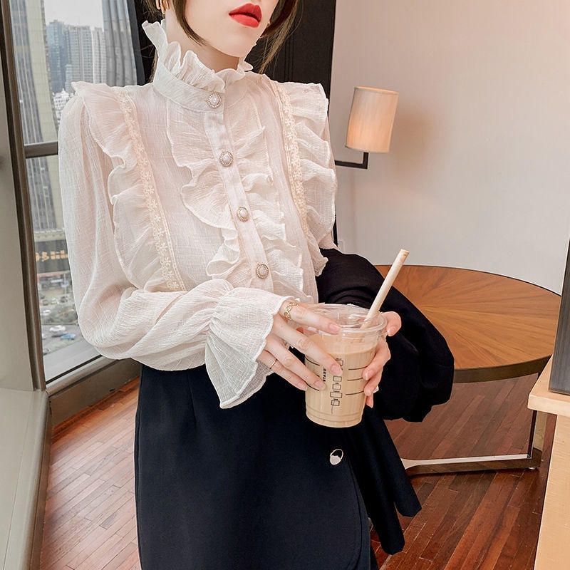 IELGY Áo Sơ Mi Dài Tay Cổ Cao Phối Bèo Phong Cách Pháp Cho Nữ